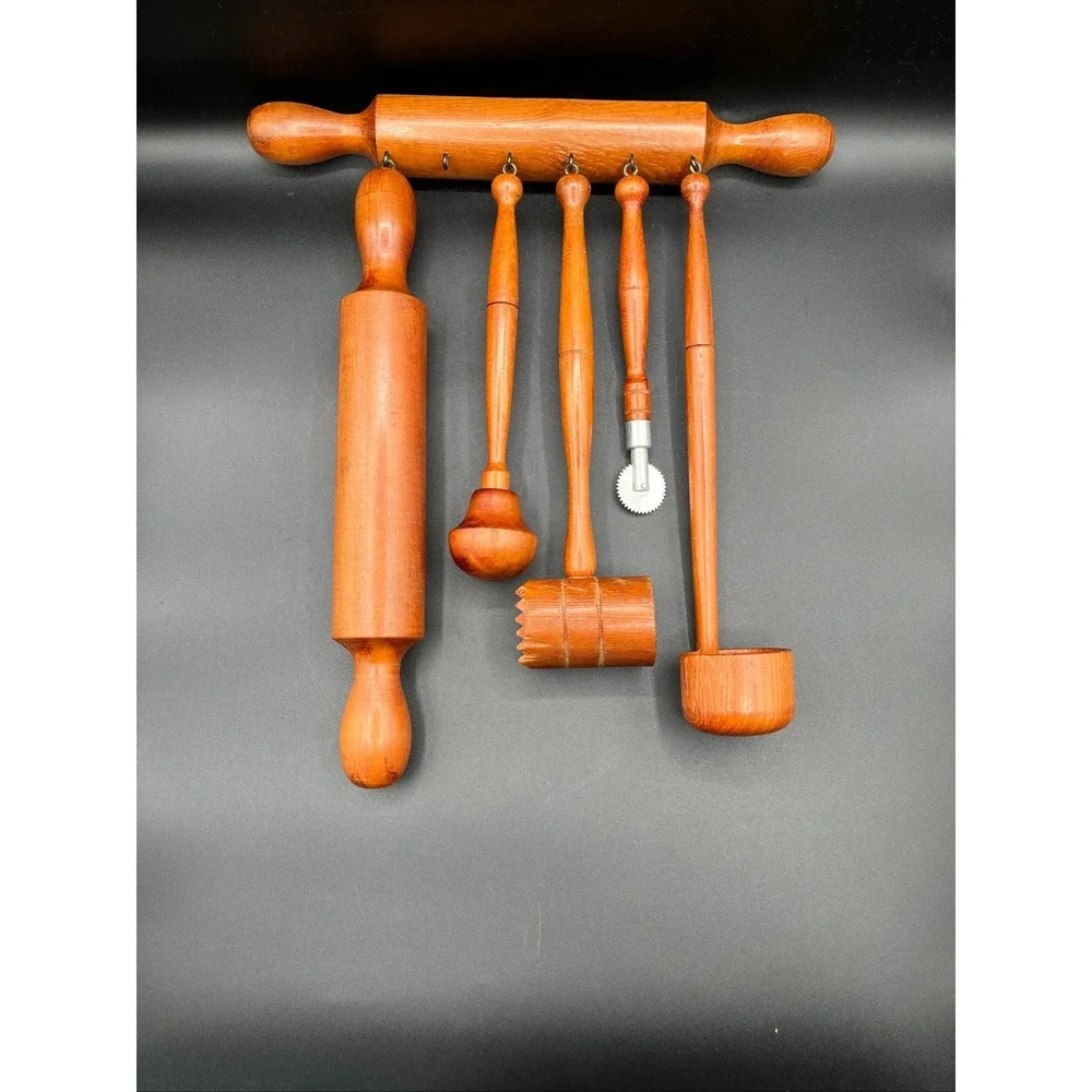 Vintage Wooden‎ Hanging Kitchen Utensil Set Rolling Pin Meat Mallet 6 Pc.